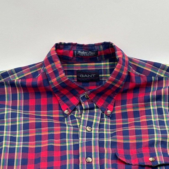 VINTAGE Gant Shirt Men Large Blue Red Fox Hunt Plaids Button Up Flap Pocket 90s - Picture 5 of 8